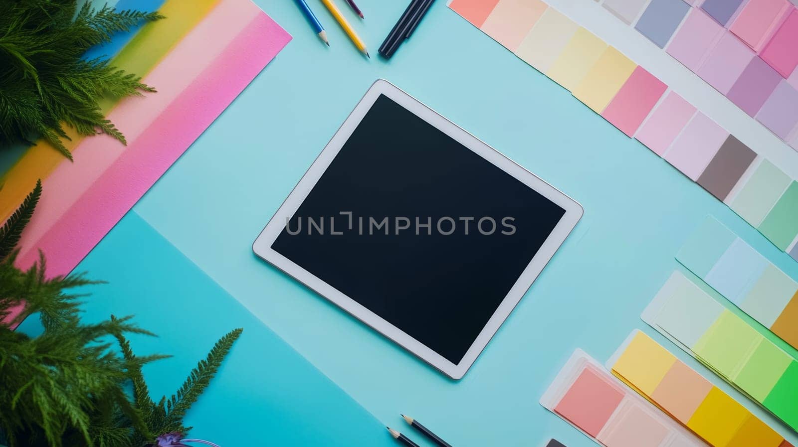 Modern graphic design setup featuring a tablet, color swatches, and pencils on a pastel blue background, perfect for creative professionals.