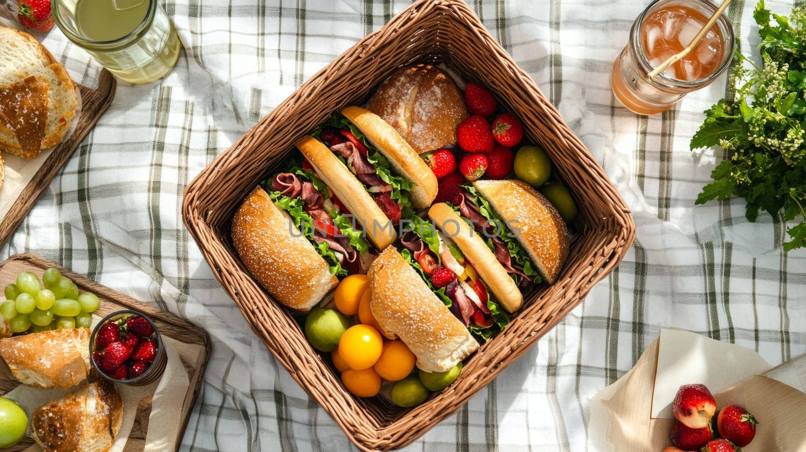 Overhead view of wicker picnic basket filled with fresh sandwiches, fruits, and beverages on a checkered blanket, perfect for outdoor dining and summer leisure.