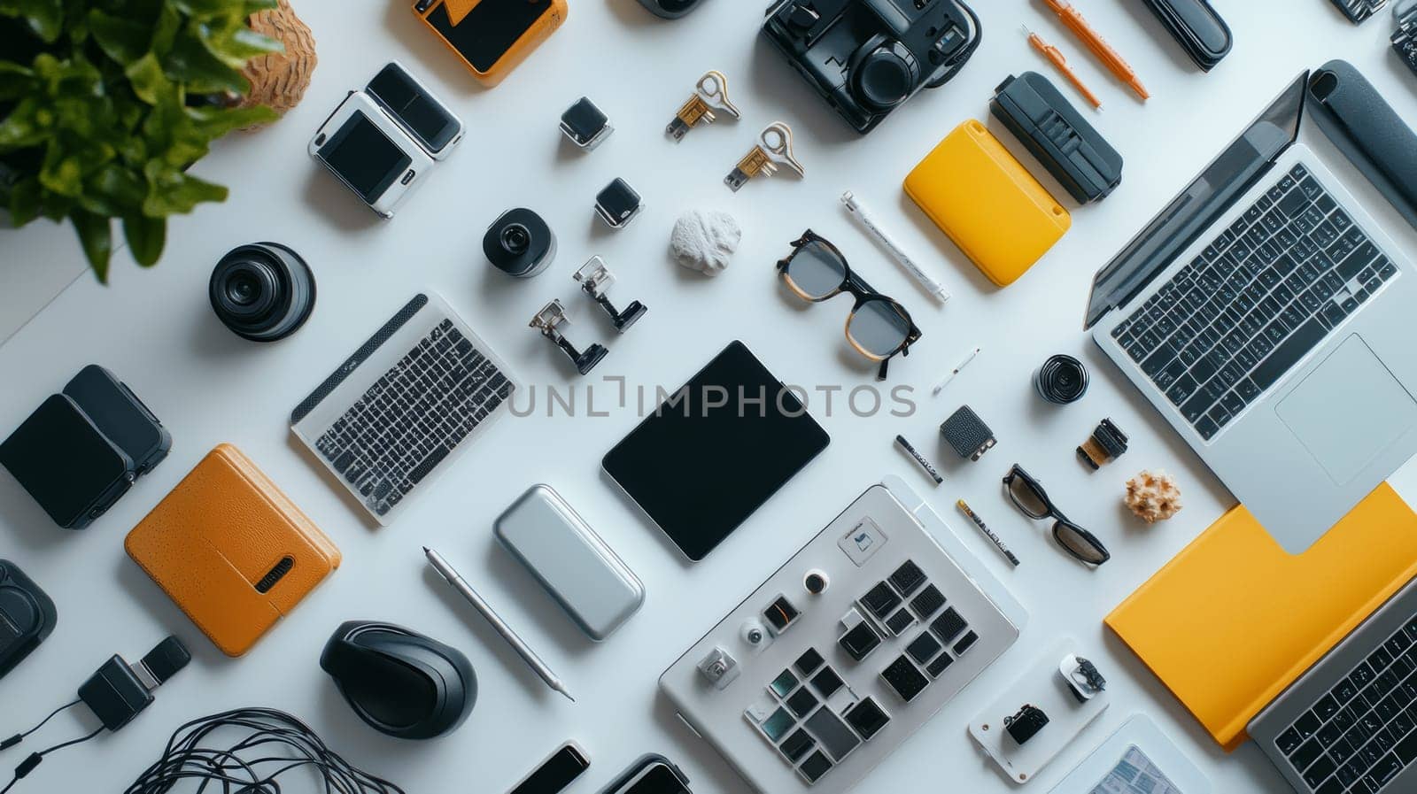 Vibrant collection of electronic devices, cameras, and accessories on white background, featuring laptops, smartphones, and yellow accents for a dynamic tech setup.