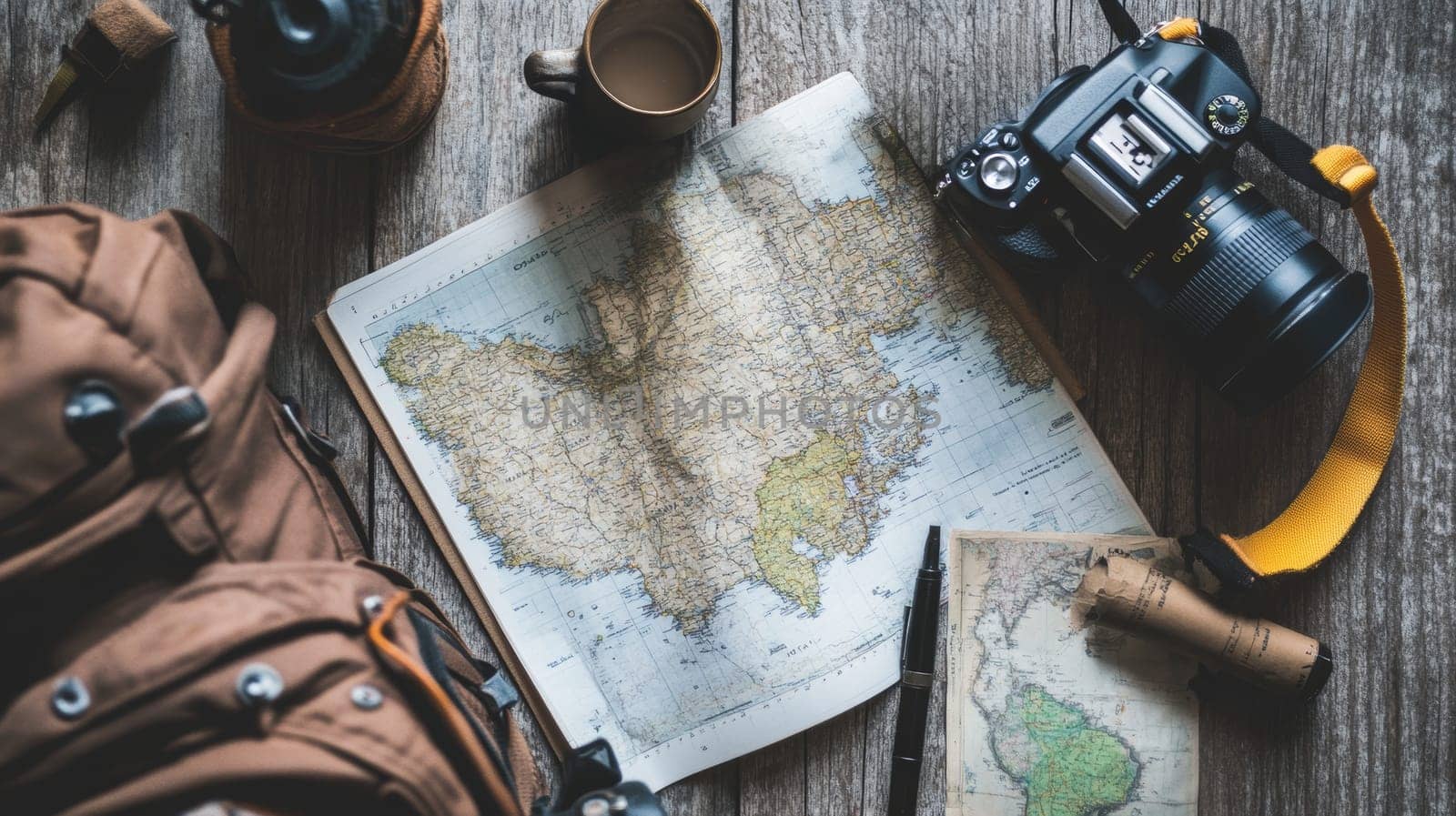 Flat lay of travel accessories including map, camera, backpack, and coffee cup on rustic wooden surface, showcasing preparation for adventure and exploration.