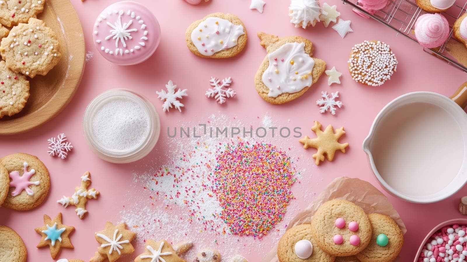 Cheerful arrangement of decorated Christmas cookies, sprinkles, and baking ingredients on a pink background, perfect for holiday baking and treats.