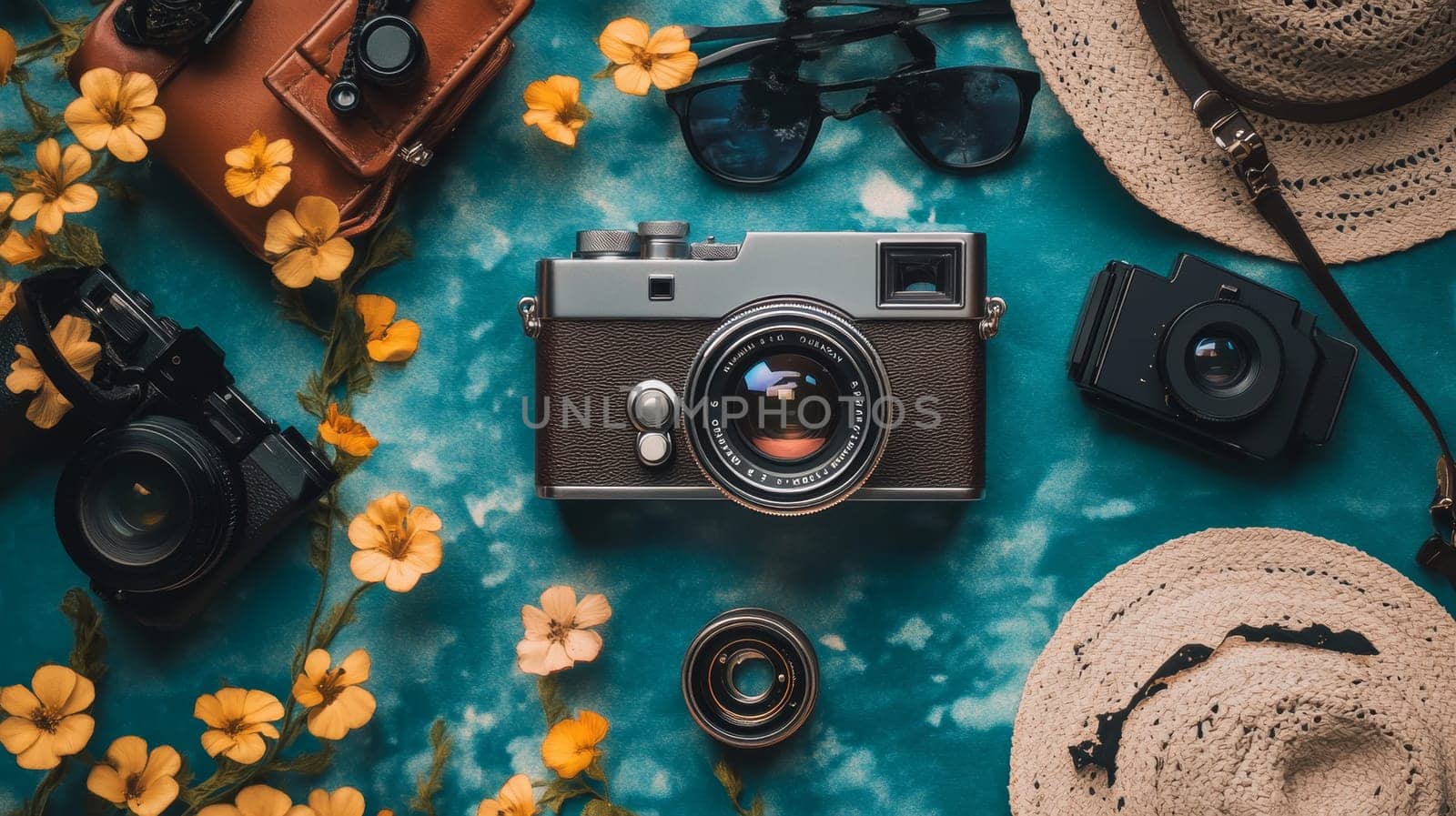 Stylish arrangement of retro cameras, sunglasses, and straw hat with yellow flowers on teal textured background, evoking summer vacation and travel photography.