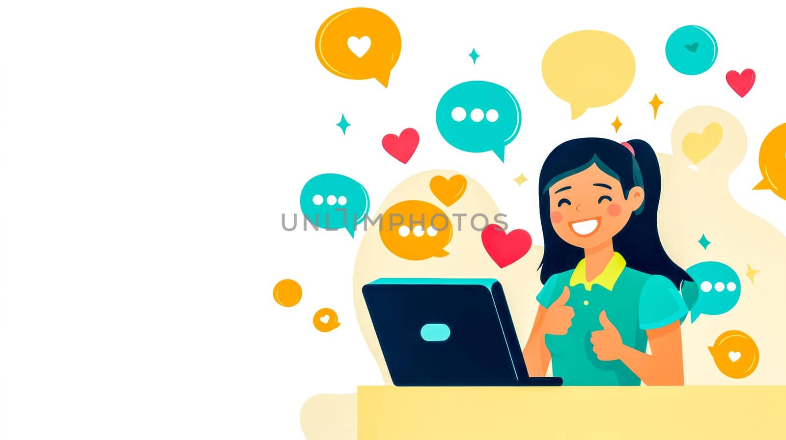 Young woman is using her laptop and giving a thumbs up while surrounded by chat bubbles, hearts and other positive icons