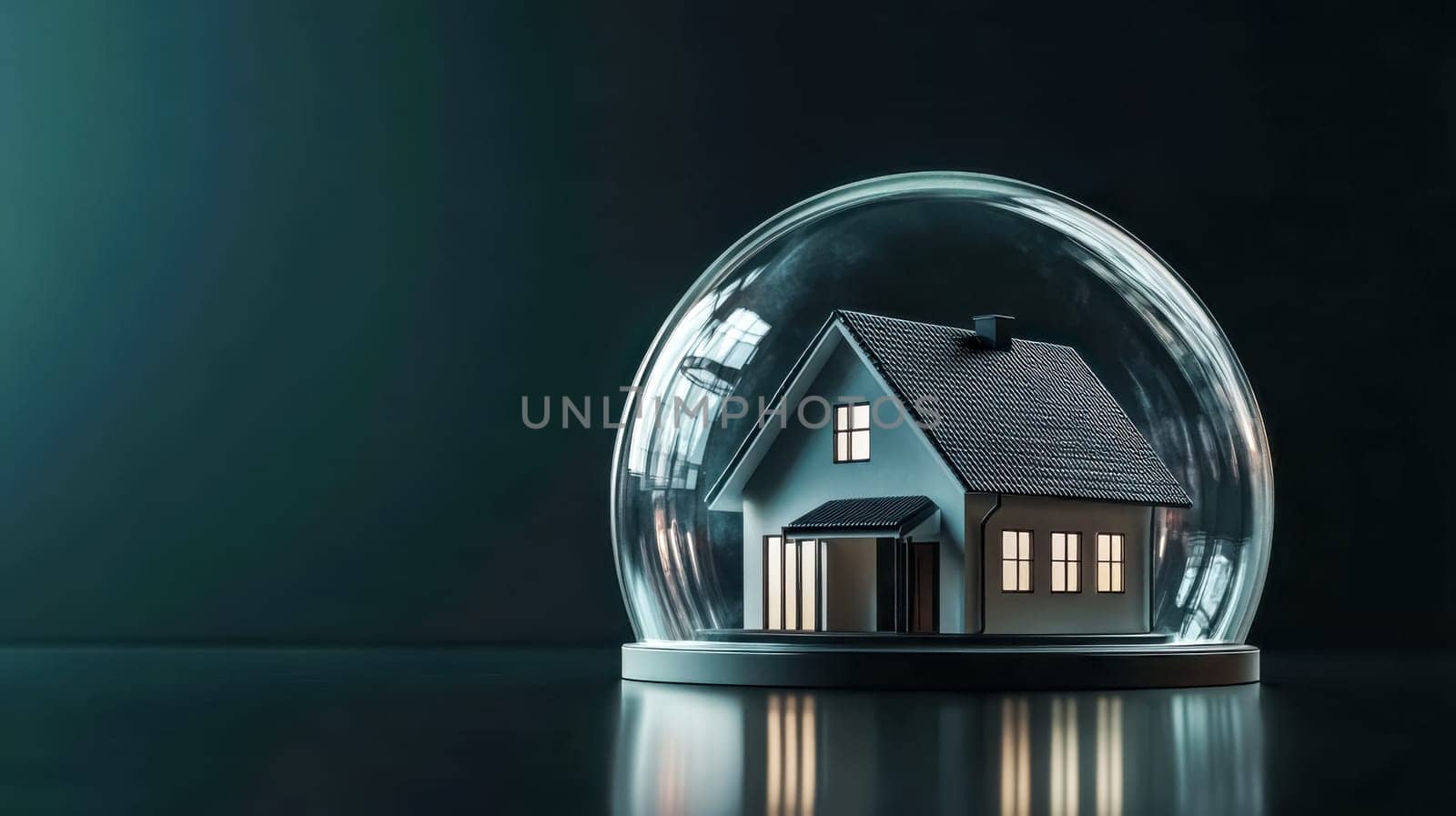 Glowing tiny house under a glass dome symbolizes safety and protection, representing home insurance and security