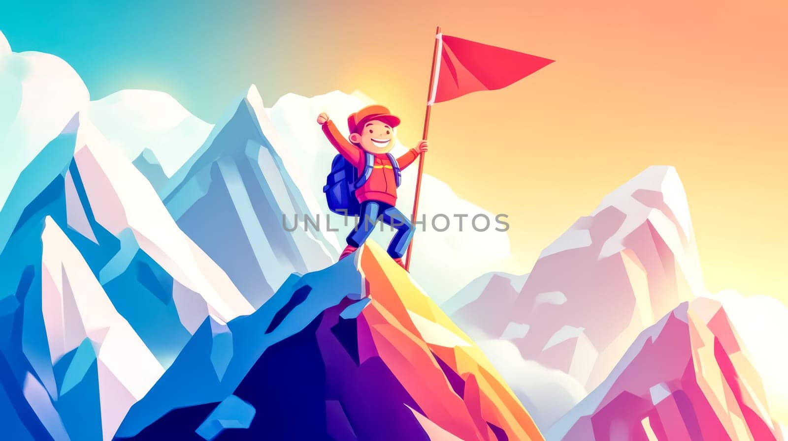 Hiker is standing on a mountain peak at sunset holding a red flag after a successful climb, celebrating his accomplishment