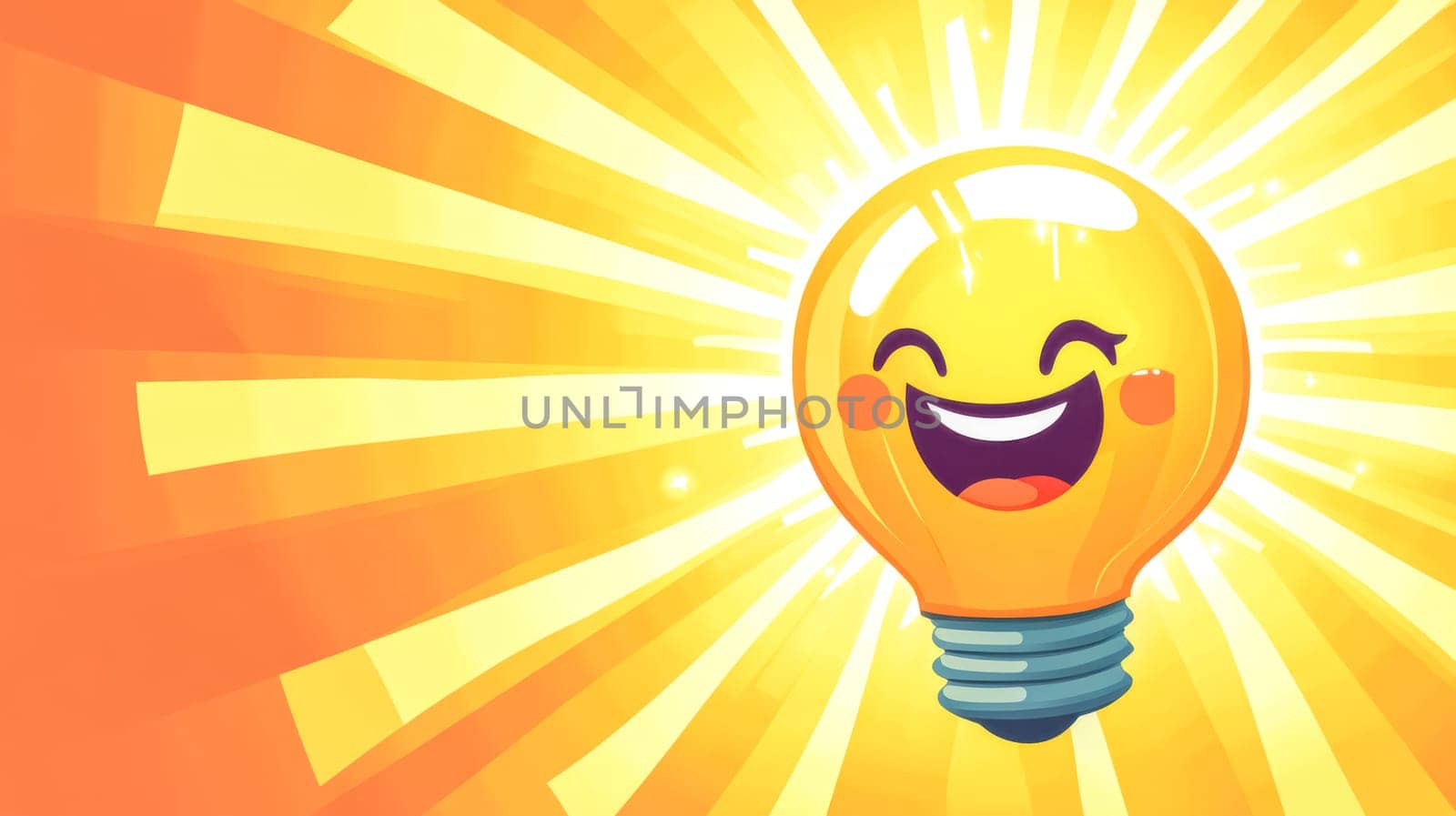 Cartoon light bulb is smiling and laughing with a sunburst background, showing the joy and excitement of having a new idea