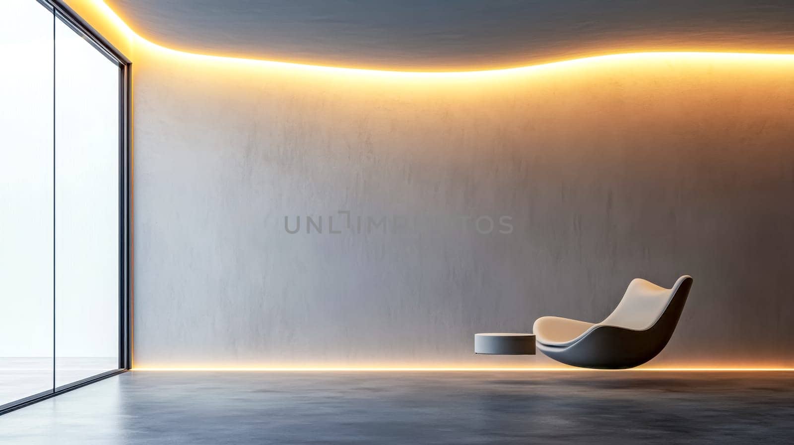 Modern minimalist interior with a concrete wall and a floating armchair is being illuminated by hidden led strip lights