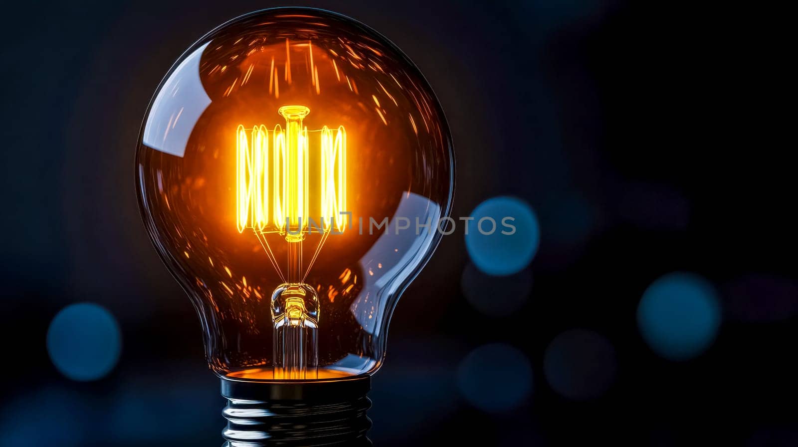 Vintage light bulb glows brightly against a dark backdrop, creating a warm atmosphere with a touch of magic. It symbolizes innovation and creativity, shining brightly in the night