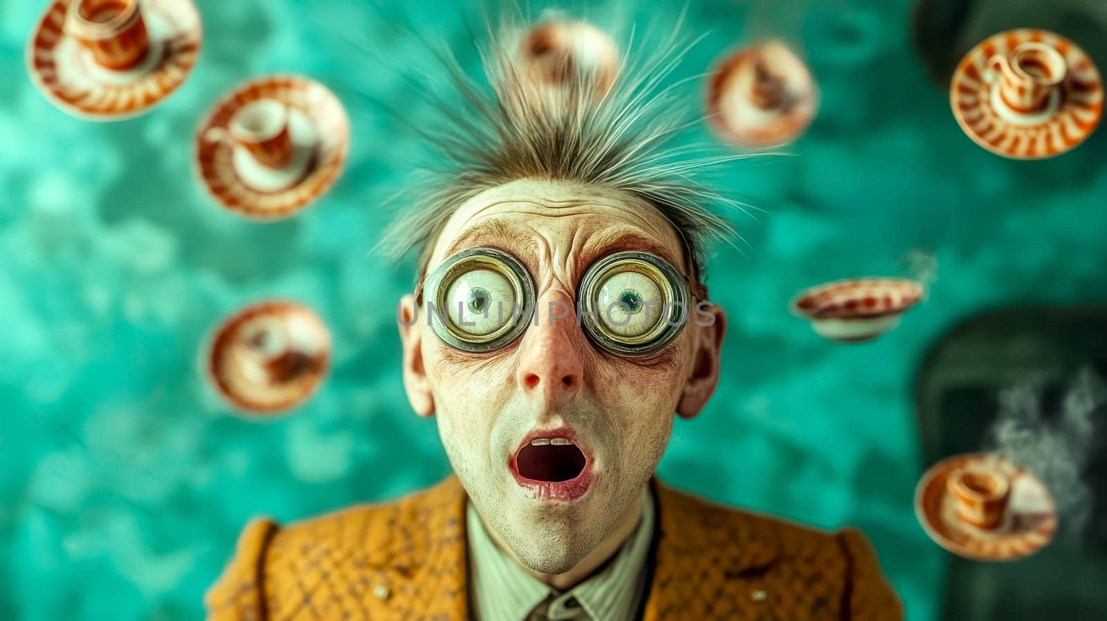 Scientist in a surreal laboratory, looking surprised, with floating cups and saucers