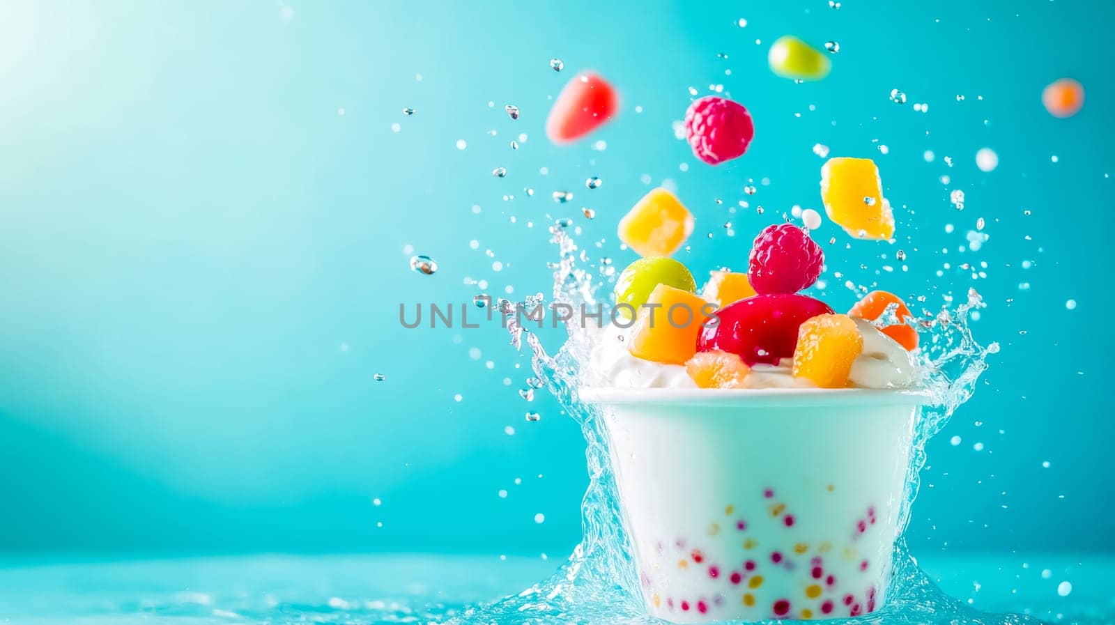 Overflowing white cup of frozen yogurt and fruit with water splash on blue backdrop, capturing summer indulgence