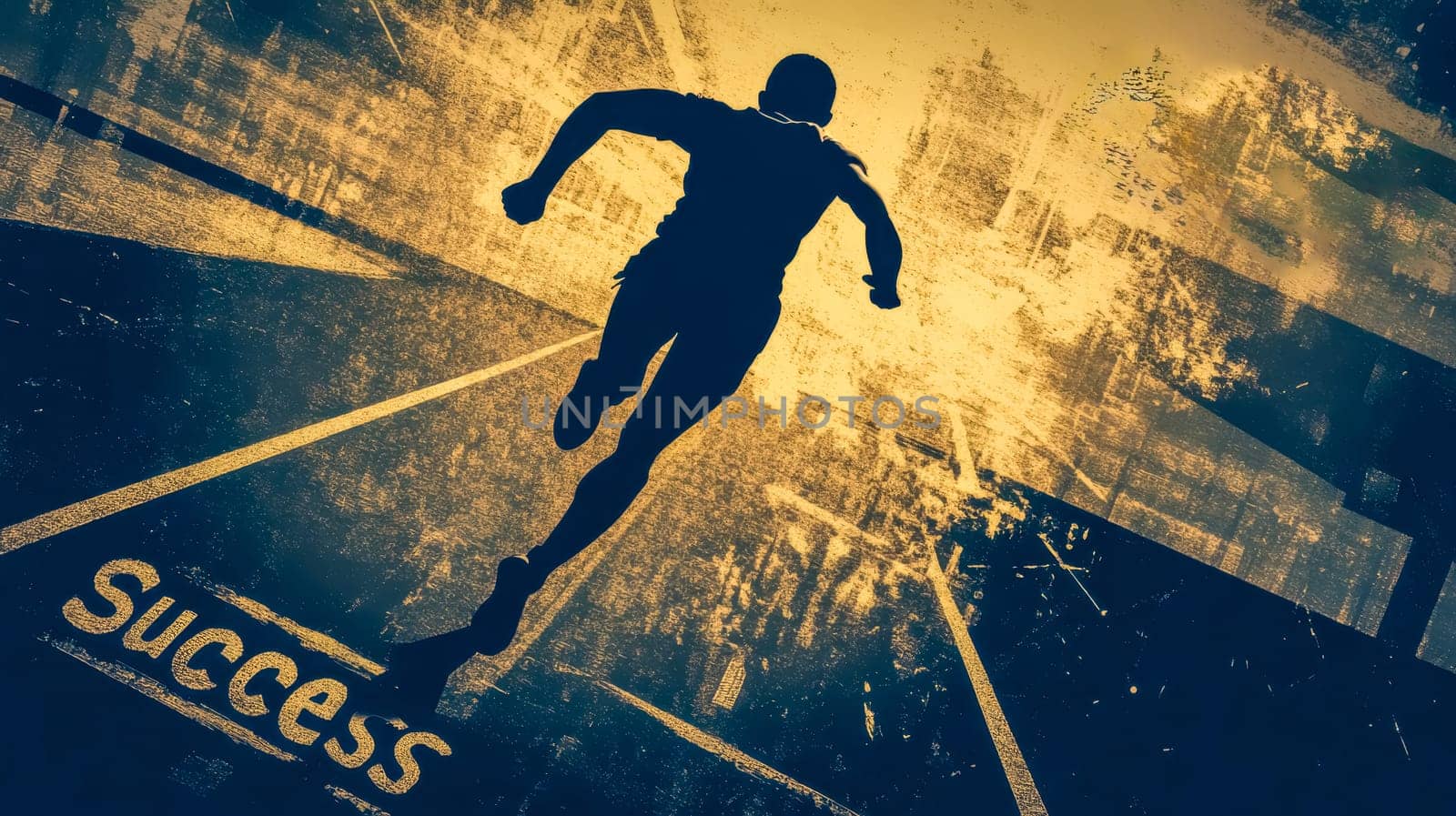 Silhouetted athlete is sprinting towards the word success written on a grunge textured street. The concept of this image is achieving goals and aspirations
