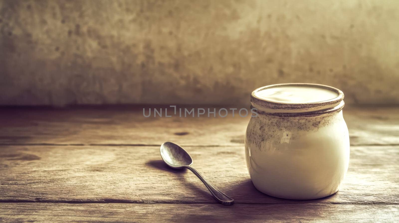 Cozy scene with a white ceramic pot and spoon on a wooden table, bathed in warm sunlight. Perfect for a healthy snack or breakfast. Creamy yogurt adds freshness to the vintage look
