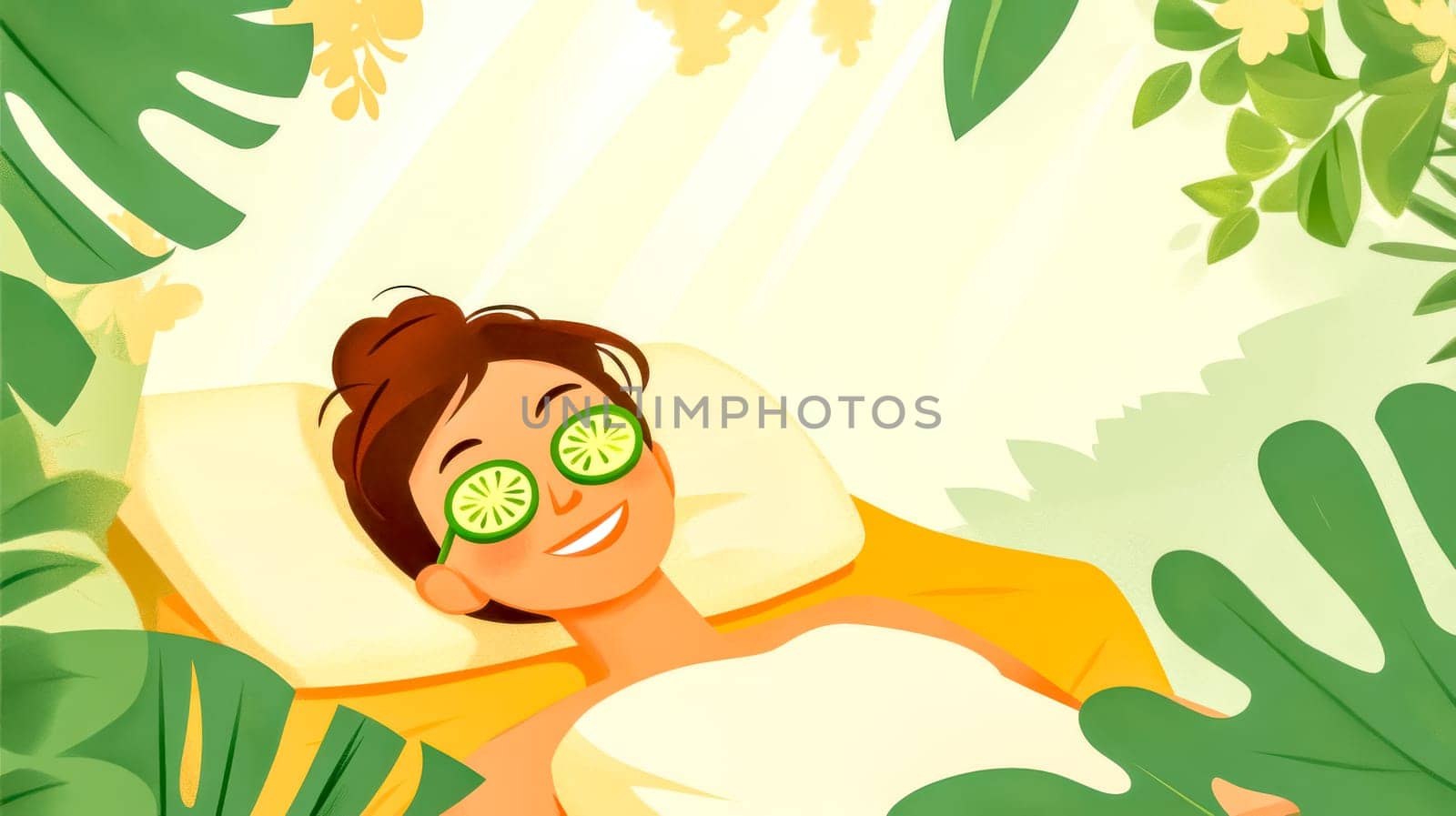 Young woman is enjoying a relaxing spa treatment with a cucumber face mask, surrounded by lush green tropical plants. This illustration evokes a sense of tranquility and rejuvenation