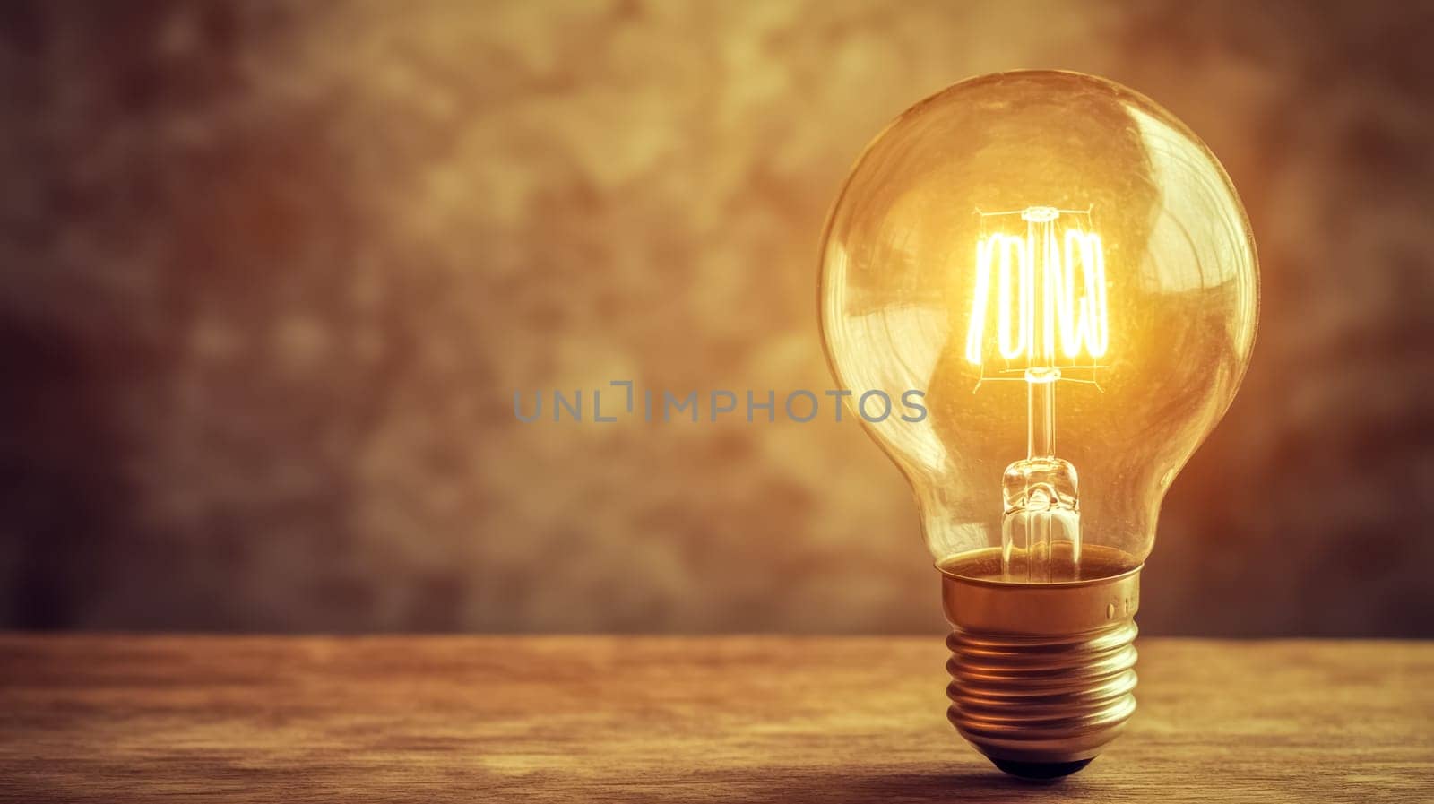 Vintage light bulb is glowing on a wooden table, emanating a warm light that illuminates the surrounding space. The image evokes a sense of creativity, inspiration, and the power of ideas