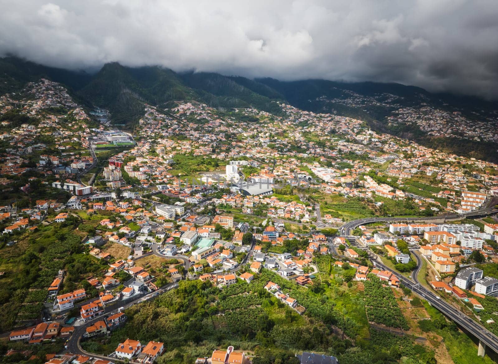 Aerial drone view of Funchal town, Madeira island, Portugal