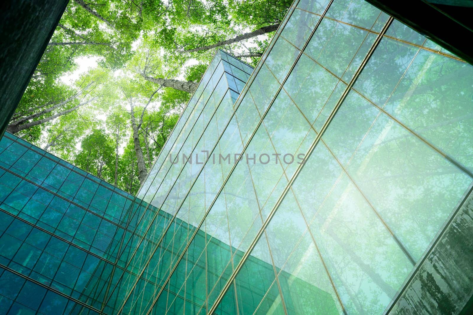Eco-friendly building in modern city. Sustainable glass office building with trees for reducing CO2. Green architecture. Building with green environment. Sustainability corporate. Net zero emissions.
