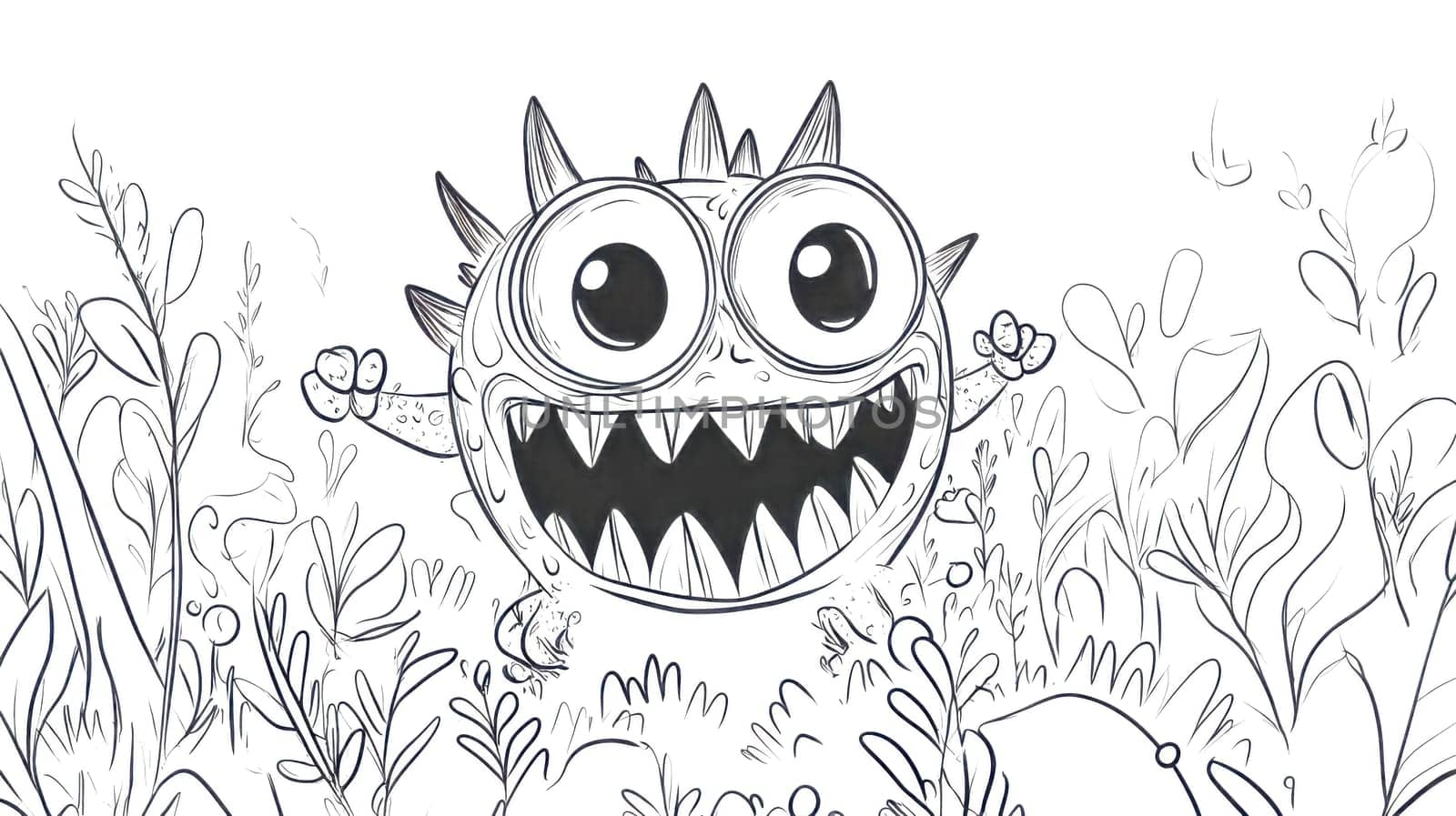 Spiky cartoon monster with big eyes and a toothy grin leaps playfully from a field of plants, exuding a happy and whimsical vibe perfect for adding fun to any design project