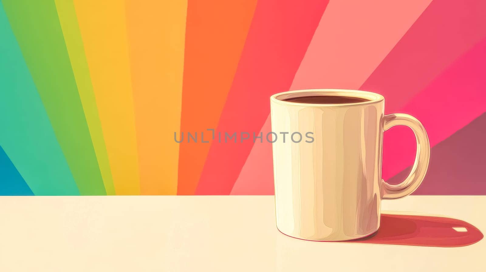 Simple white coffee mug is standing on a table with a colorful background featuring shades of pink, red, orange, yellow, green and blue