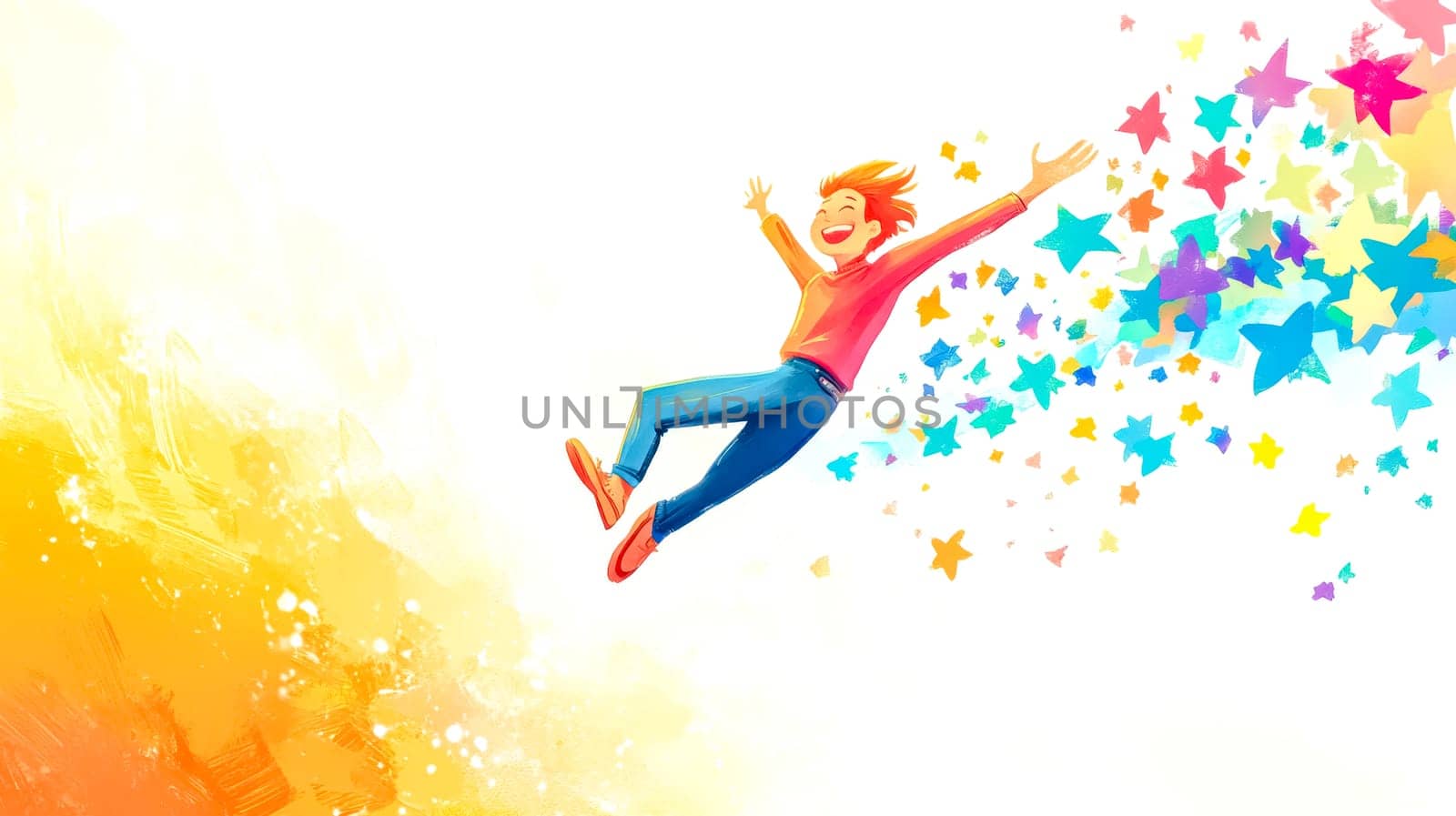 Young man is joyfully leaping in the air, leaving a trail of vibrant, colorful stars behind him, symbolizing happiness, achievement, and the realization of dreams