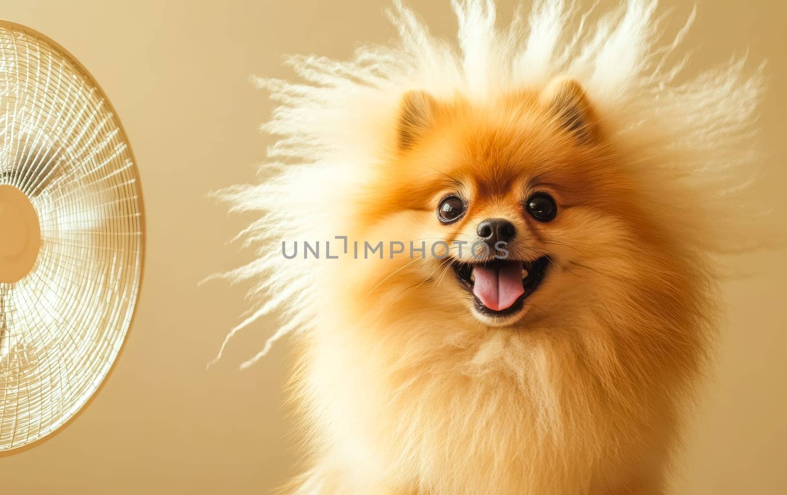 Fluffy pomeranian dog sits happily in front of a fan, enjoying the cool breeze on a hot summer day