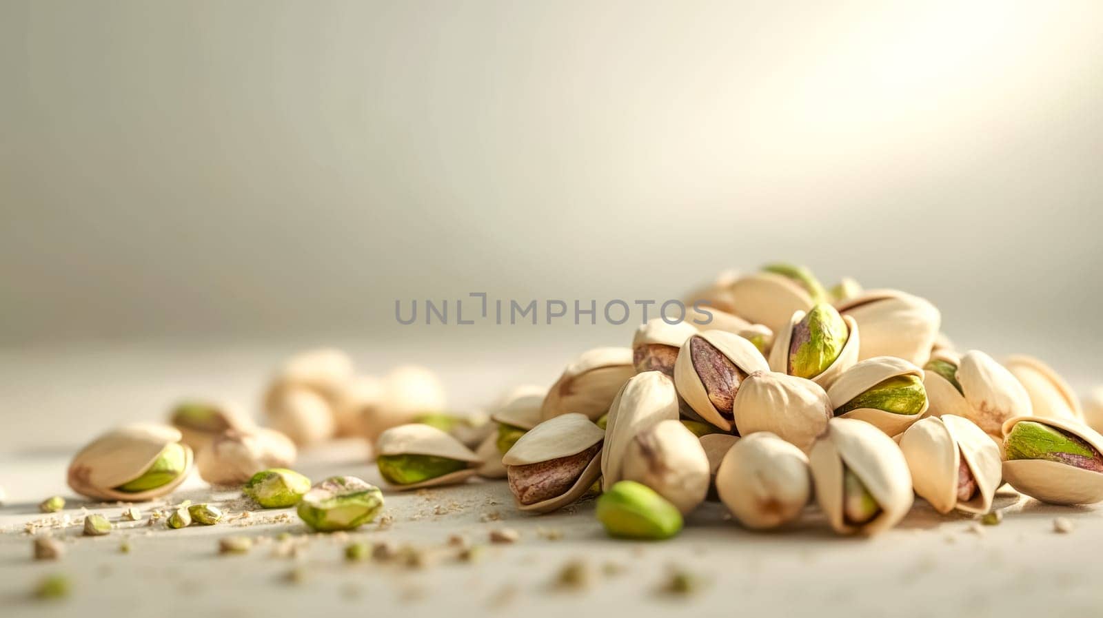 Pile of pistachios basks in warm sunlight, looking salty, roasted, and delicious for a healthy snack. Bright sunlight adds freshness, with plenty of copy space