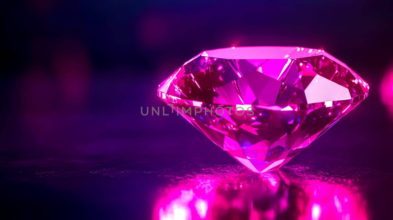 Large brilliant cut diamond is reflecting pink and purple light on a dark background. This gemstone is sparkling and glowing
