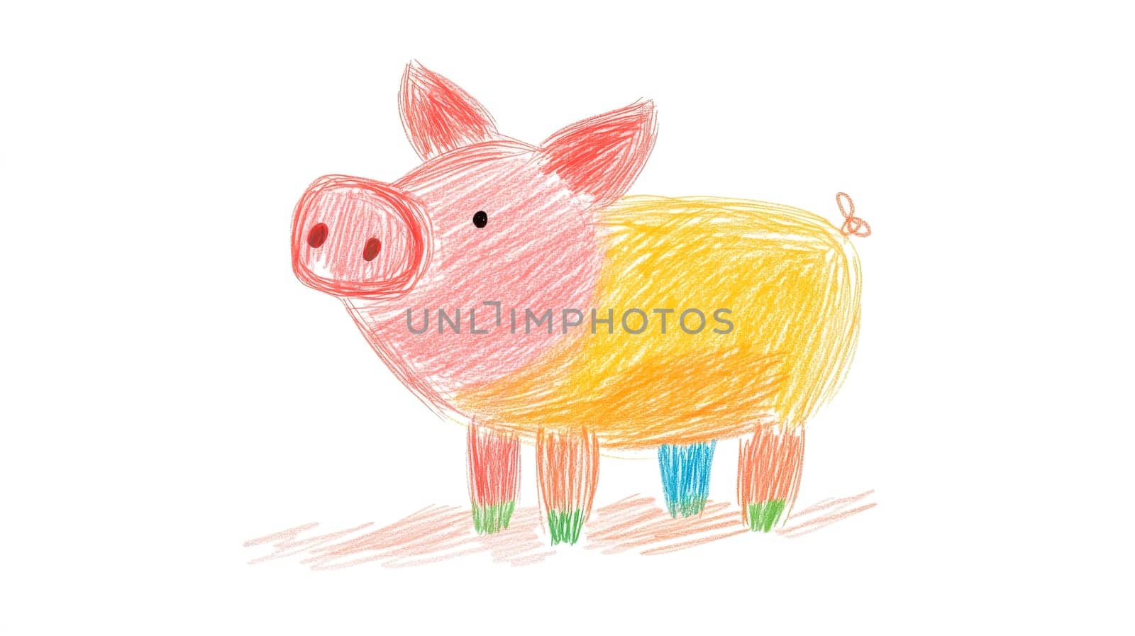 Adorable child's drawing of a pig with colorful crayons, perfect for children, art, or animal projects. Vibrant colors capture childhood innocence and imagination