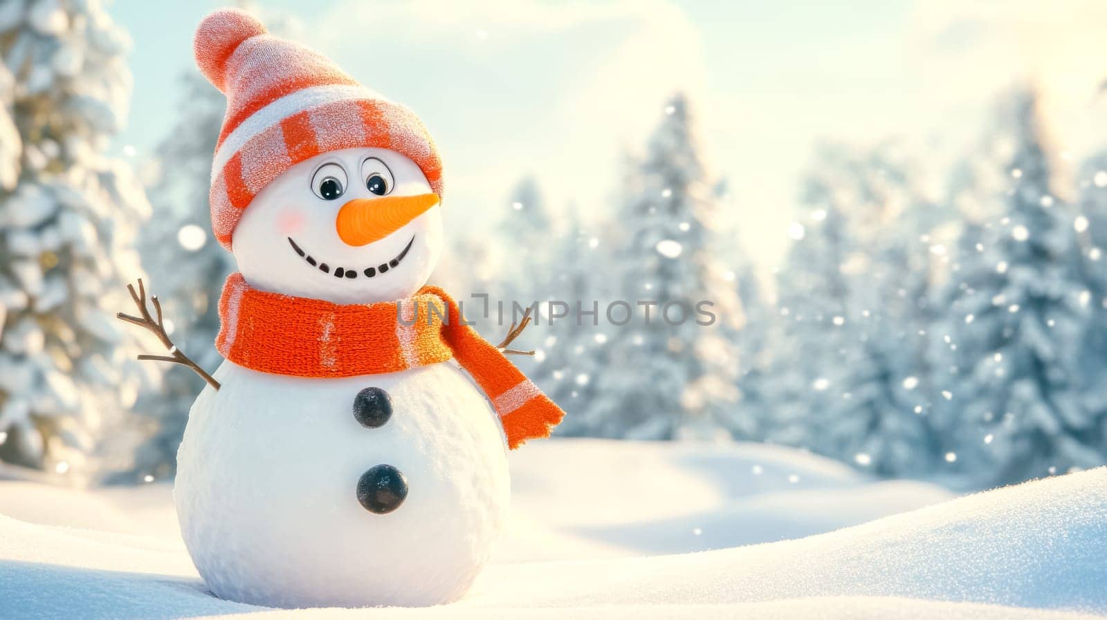 Cheerful snowman in a snowy forest, wearing a cozy hat and scarf, with sunlight shining through trees, creating a magical winter scene