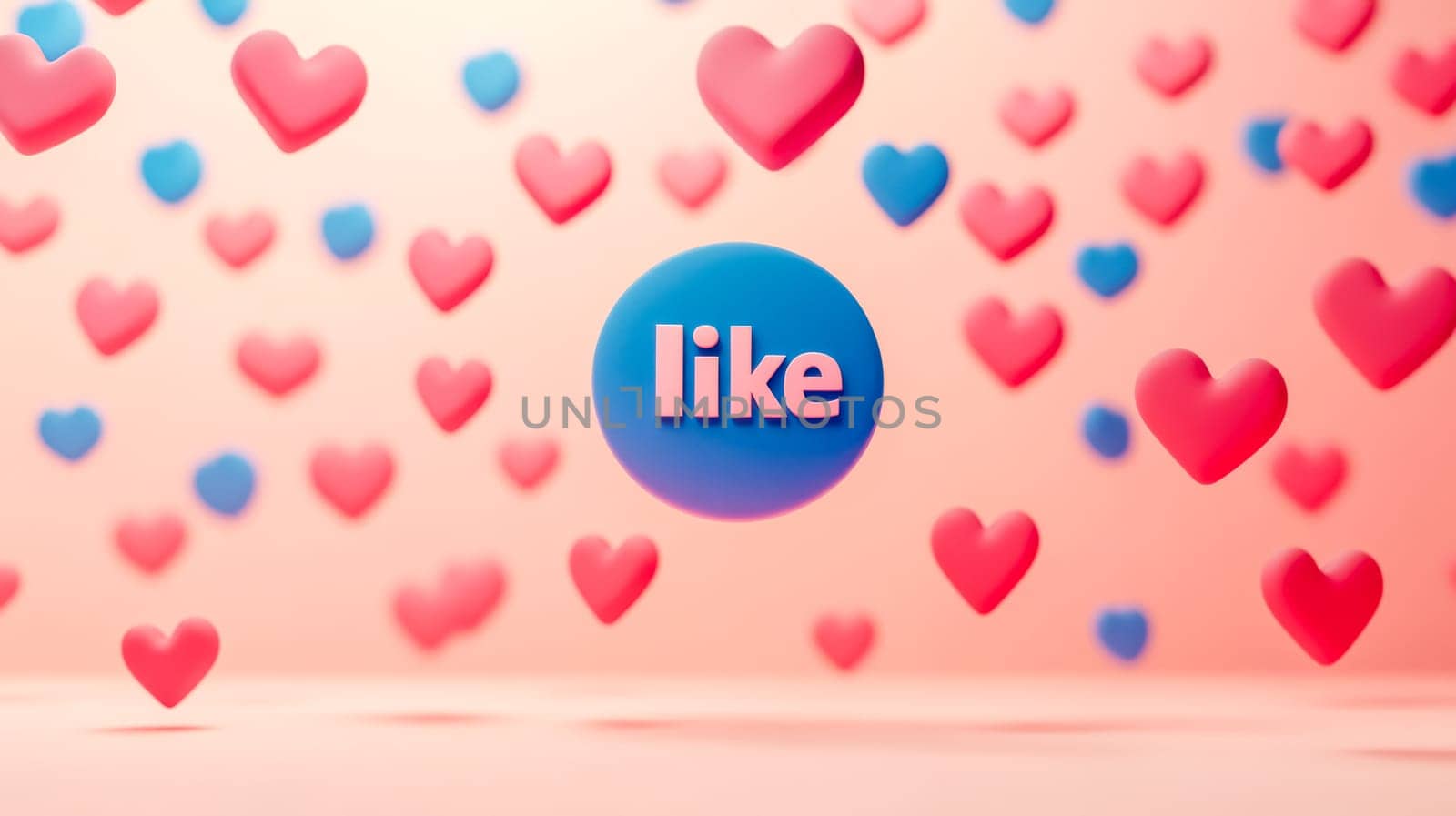 3d rendering of a blue like button surrounded by floating pink and blue hearts on a pink background. This playful image is perfect for representing social media engagement