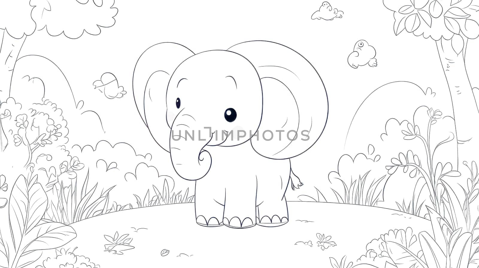 Charming line art of a baby elephant in a lush jungle, perfect for kids to color and learn about wildlife