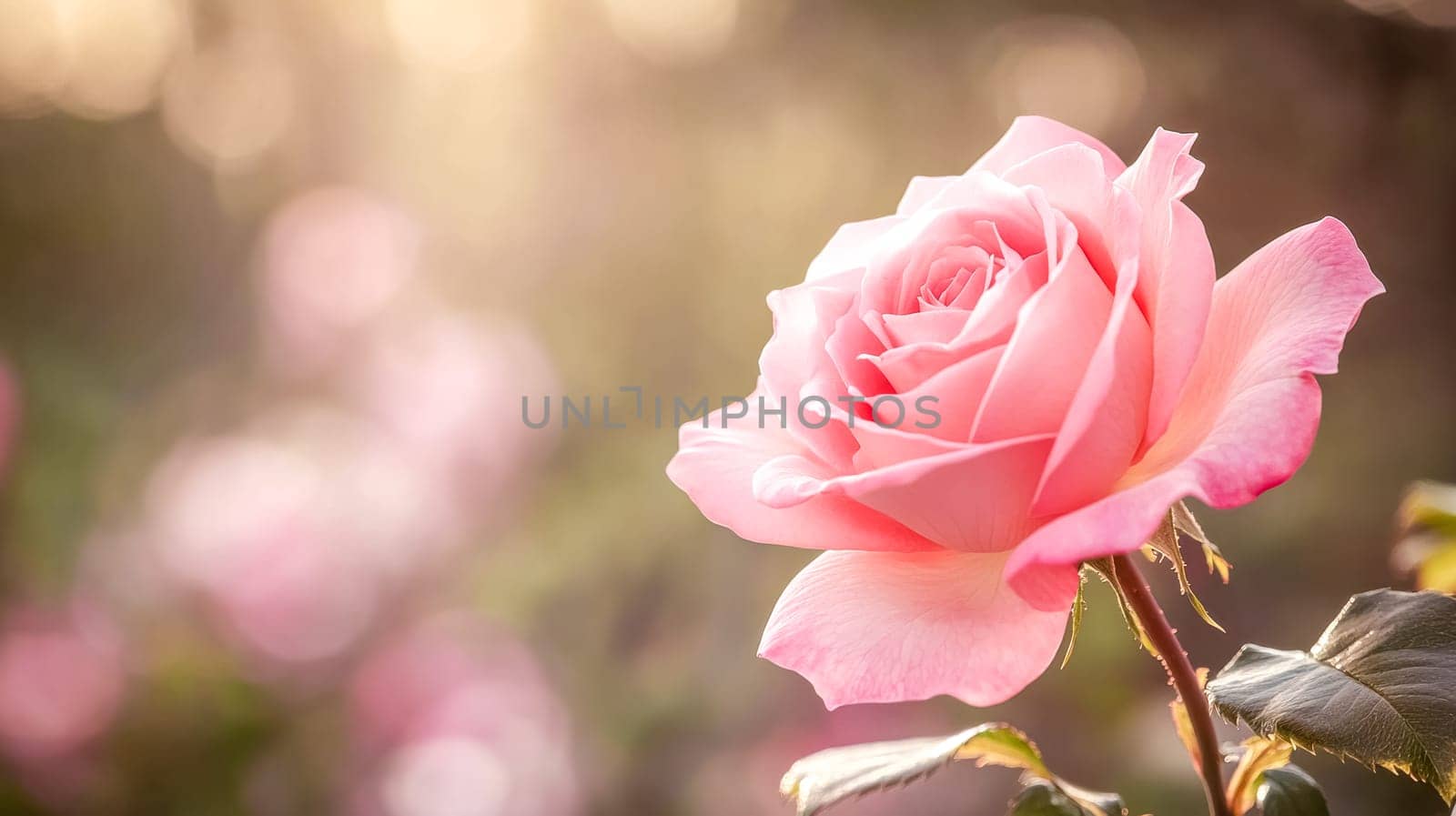 Pink rose blooming in a garden, bathed in soft golden light, creating a romantic atmosphere. Delicate petals glowing in sunlight, with lush green leaves as backdrop