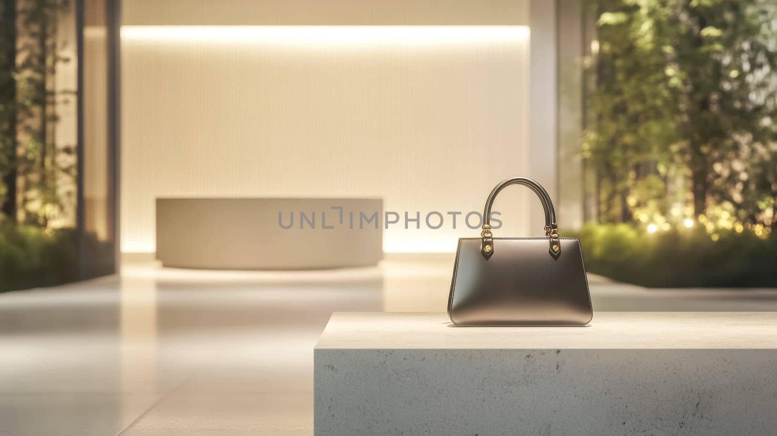 Sophisticated handbag displayed on a stone counter in a boutique, lit warmly, with a blurred garden background for an exclusive, tranquil feel