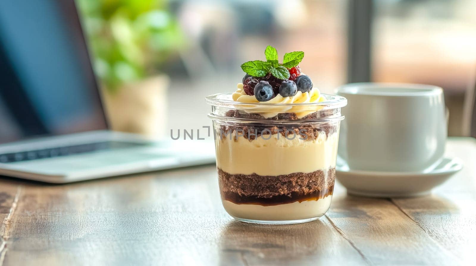 Indulge in a delectable layered dessert featuring fresh blueberries and a sprig of mint, perfectly complementing a cup of coffee during a relaxing break