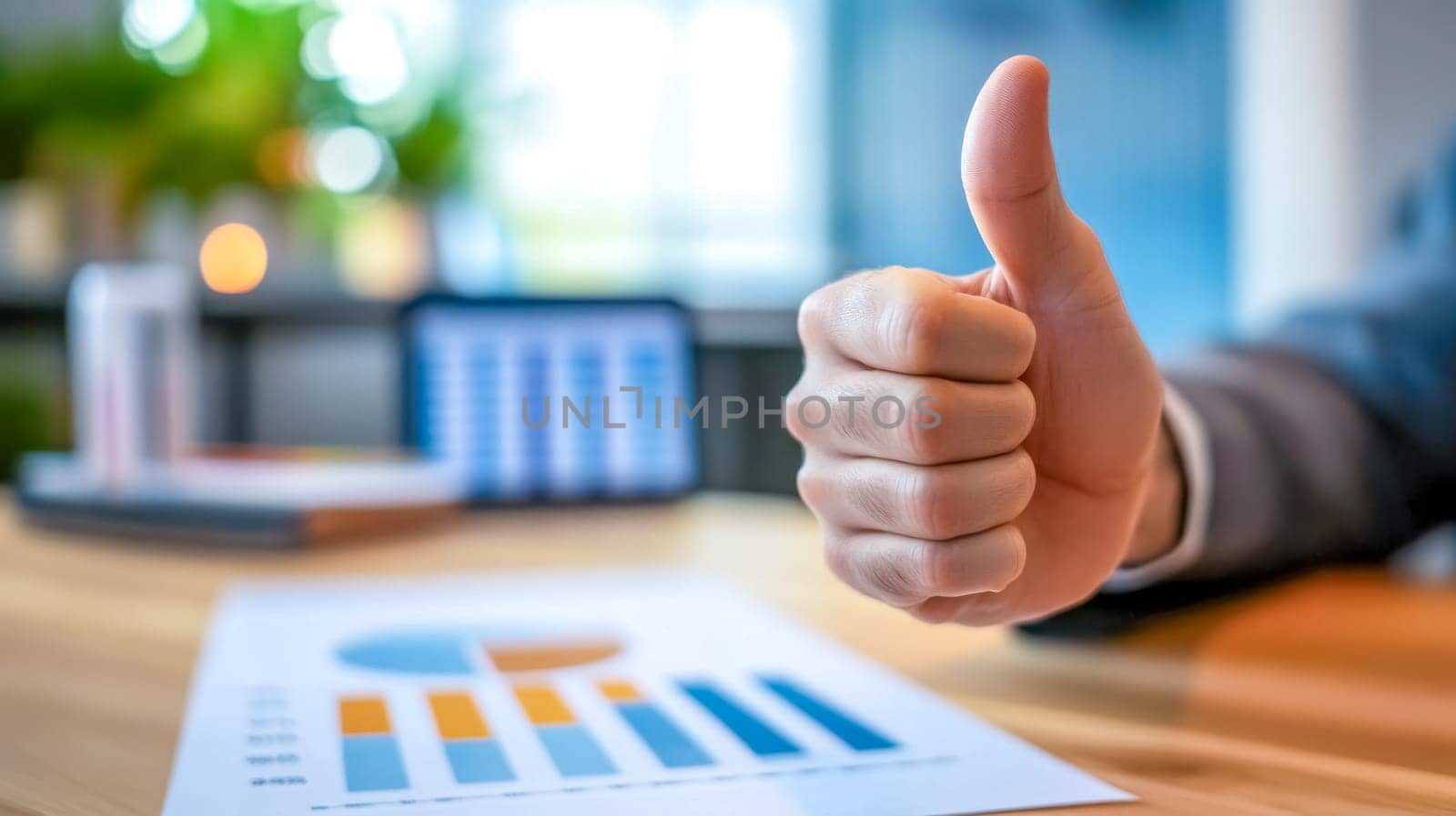Businessman showing thumbs up sign of approval for a successful business plan, with charts and graphs in the blurred background