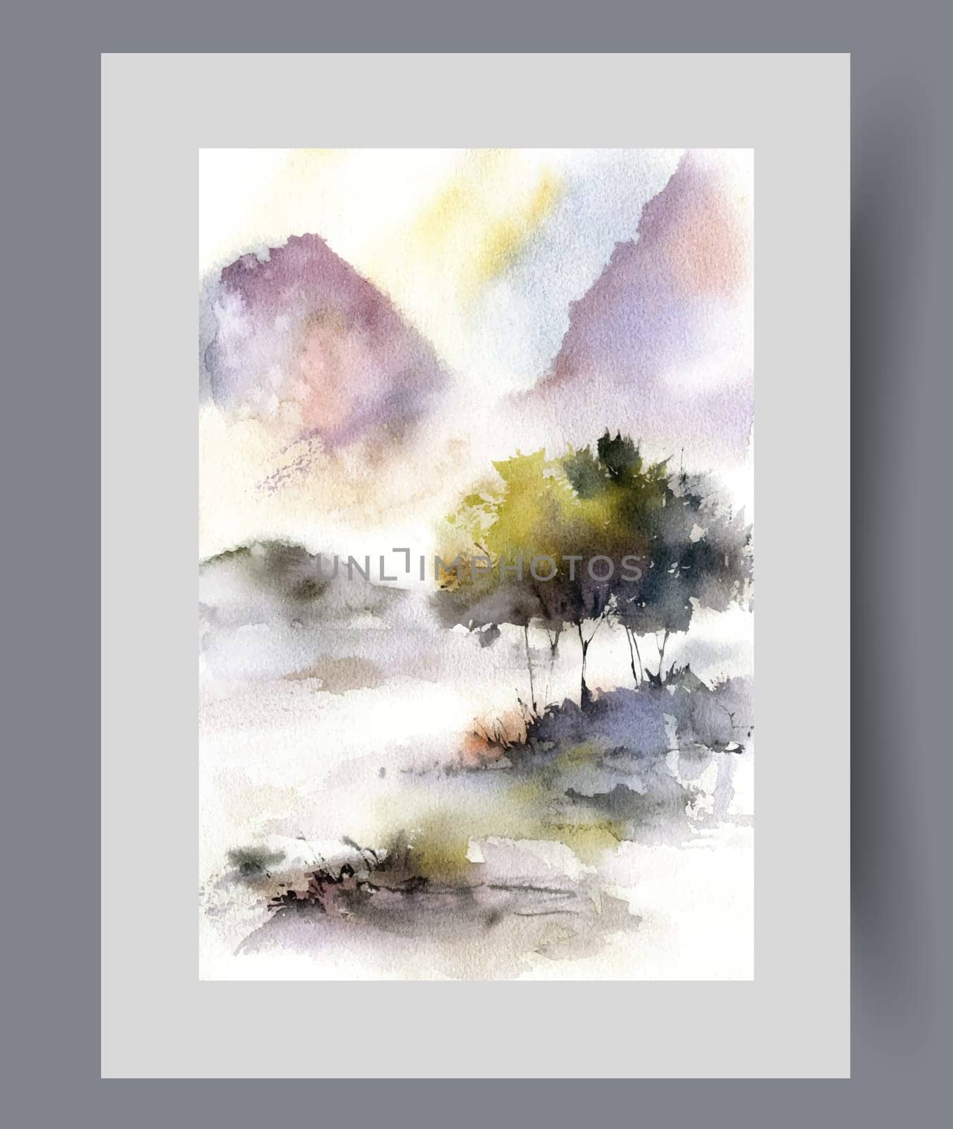 Ecological landscape with mountains and sunset over two trees with fluffy crown growing on shore of lake. Watercolor painting with ecological landscape for bedroom or living room interior design
