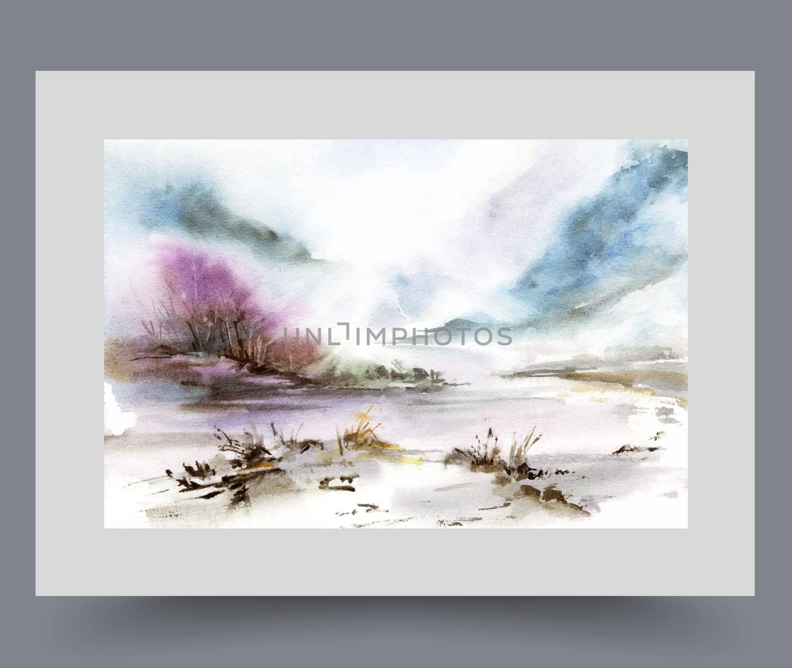 Fog over swampy area at foot of high mountains, in cold winter time, on watercolor poster. Gloomy weather over wild pond in swampy region difficult for tourists to access in national natural park