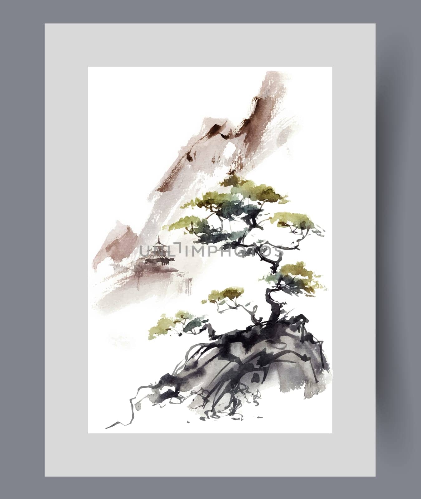 Oriental landscape with lonely bonsai tree growing on top of mountain on watercolor poster. Asian nature and landscape with mountainous terrain in summer weather, for travel brochure design