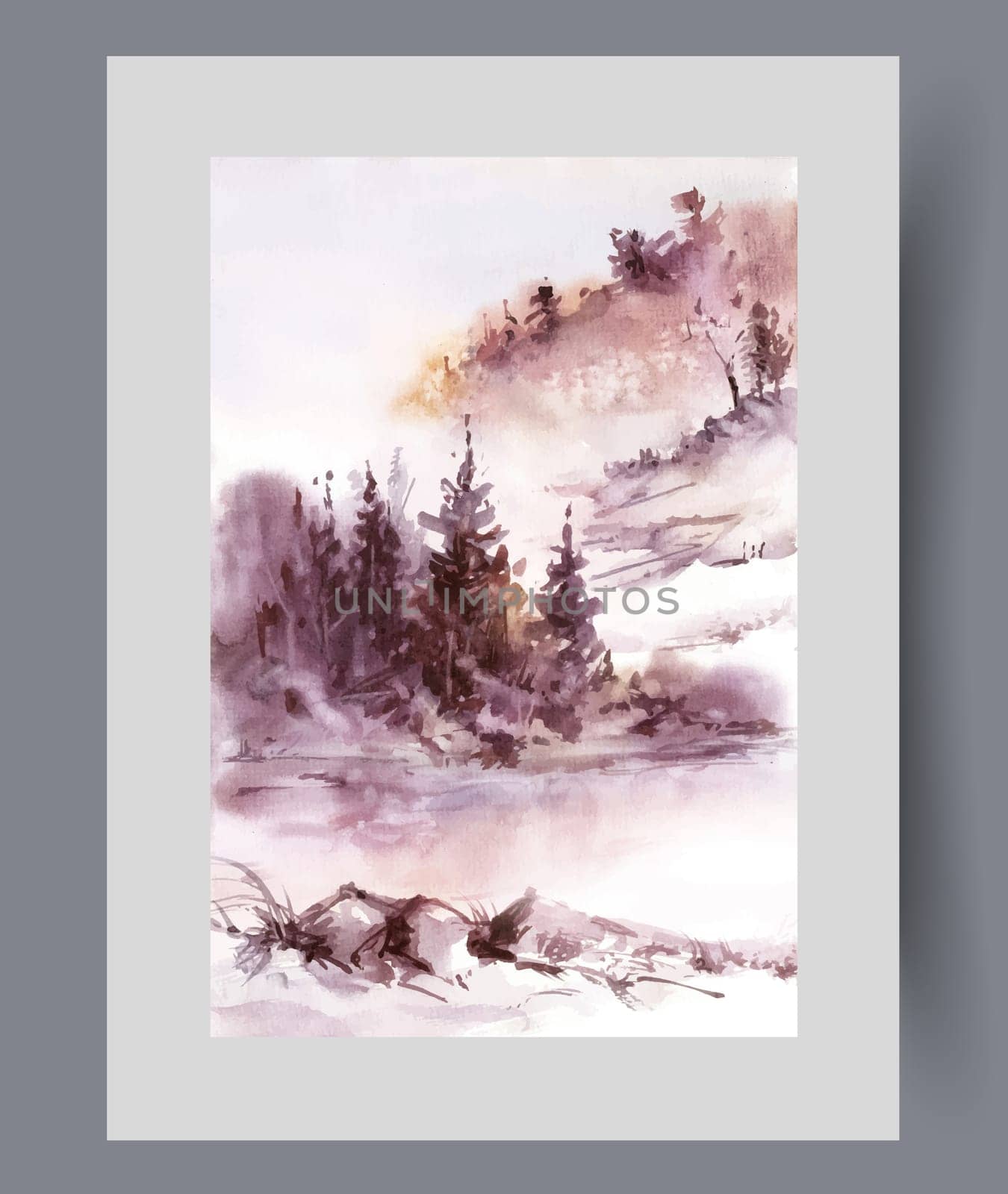 Winter northern nature with coniferous trees growing on mountain slopes, in cloudy weather with fog. Snowdrifts on mountains on cold December morning, near firs decorating winter landscape