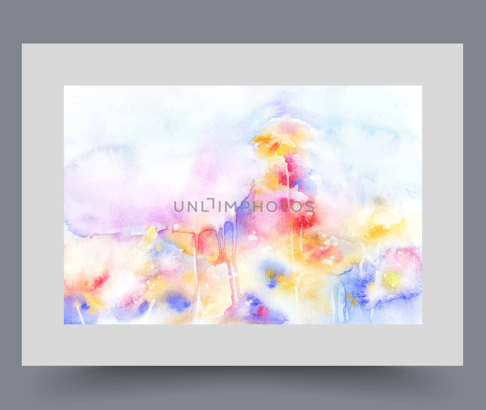 Summer colorful flowers grow in clearing and glow brightly on background of blue sky. Abstract watercolor wild flowers poster for wall decoration gallery painting with environmental display