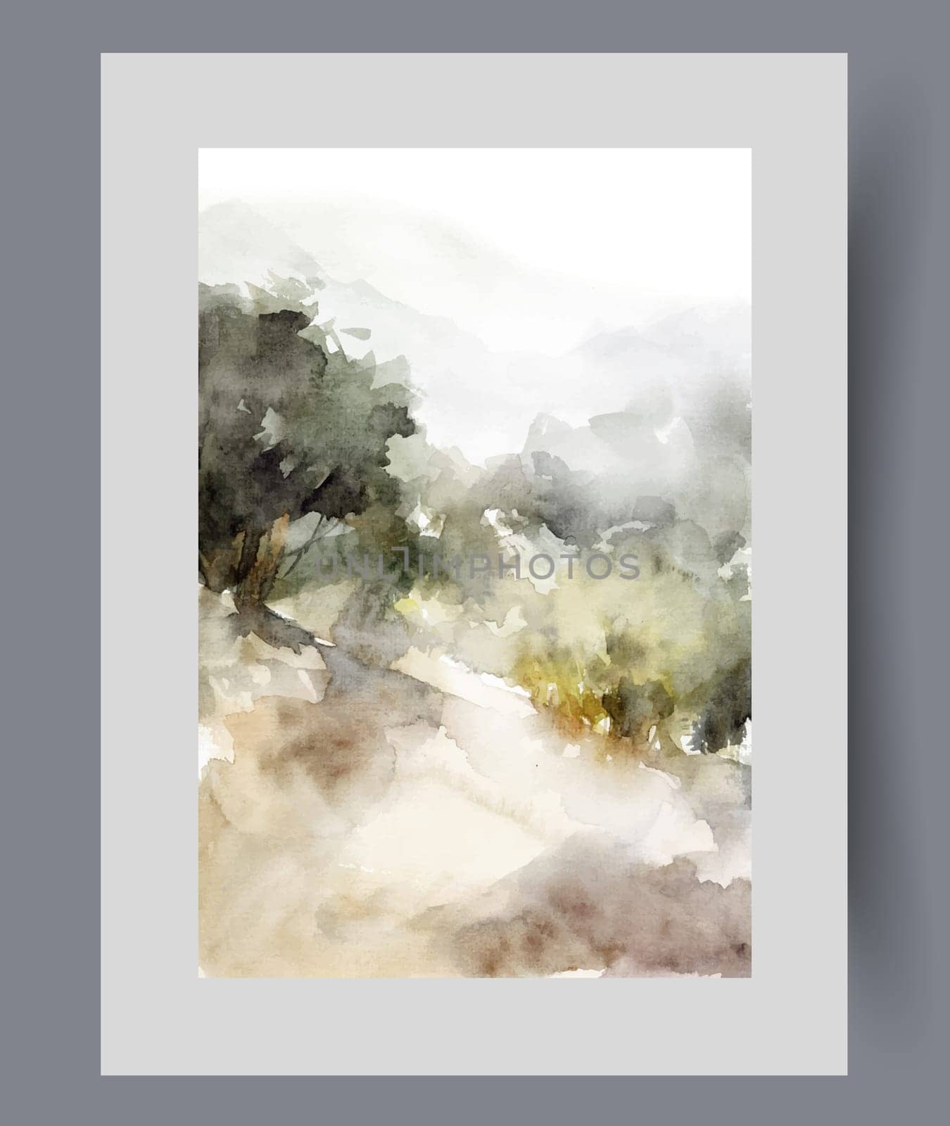 Plateau with trees growing on hill in autumn weather with cloudy gray sky on eve of rain. Watercolor natural landscape with plateau in national park with wild plants and rare bushes. Wall art, print