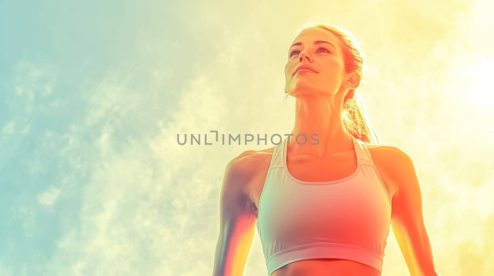 Young sportswoman is basking in the warm glow of the sun, her face turned upwards towards the sky, embracing the feeling of freedom and vitality