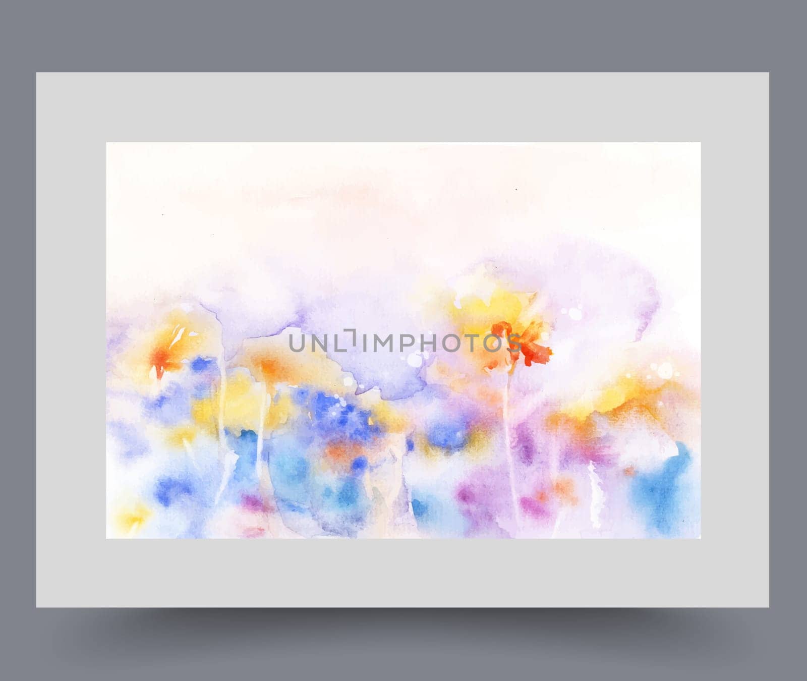 Bright flowers grow in botanical garden in hot summer weather, on background of blue sky. Abstract watercolor organic environment poster with wild flowers symbolizing biodiversity and. Artwork, print