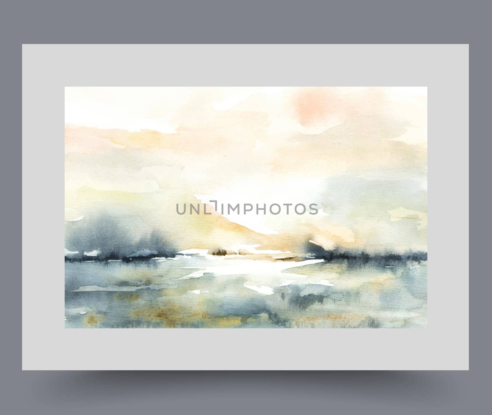 Summer nature with sunset over river or lake with mountains on coast, on watercolor artwork. Picturesque morning landscape with bright sun rising over sea coast of southern resort. Wall art, print
