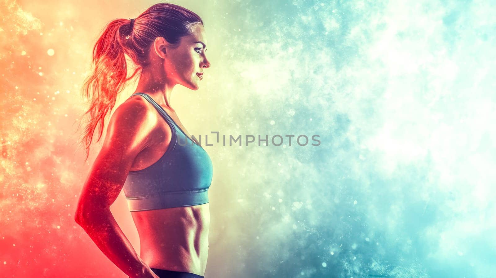 Fit woman is posing after her workout with a colorful abstract background. The concept of the image is fitness and healthy lifestyle