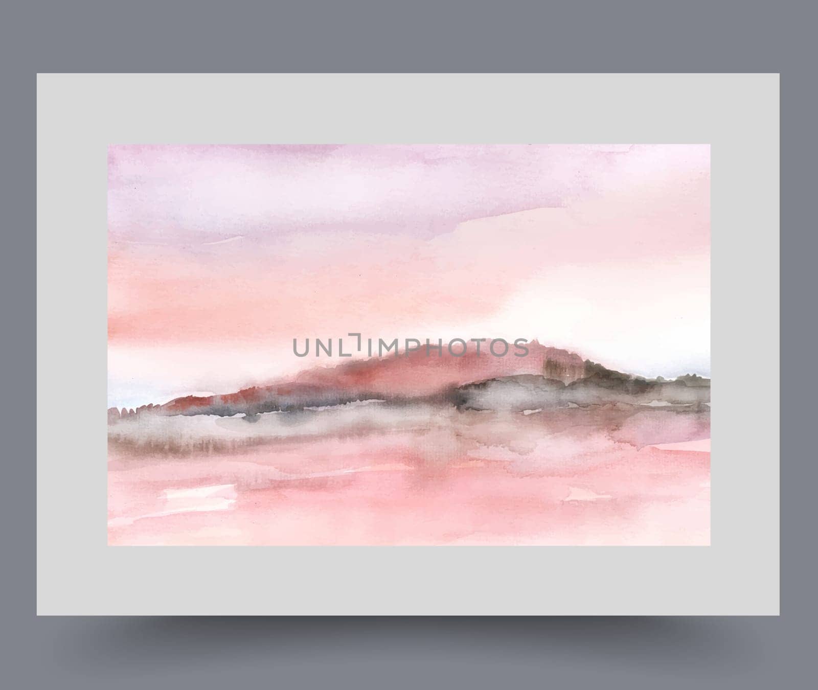 Picturesque landscape with low hill and bright sky during morning sunrise in watercolor painting. Minimalist landscape with beautiful nature for lovers of traveling through regions untouched by man.