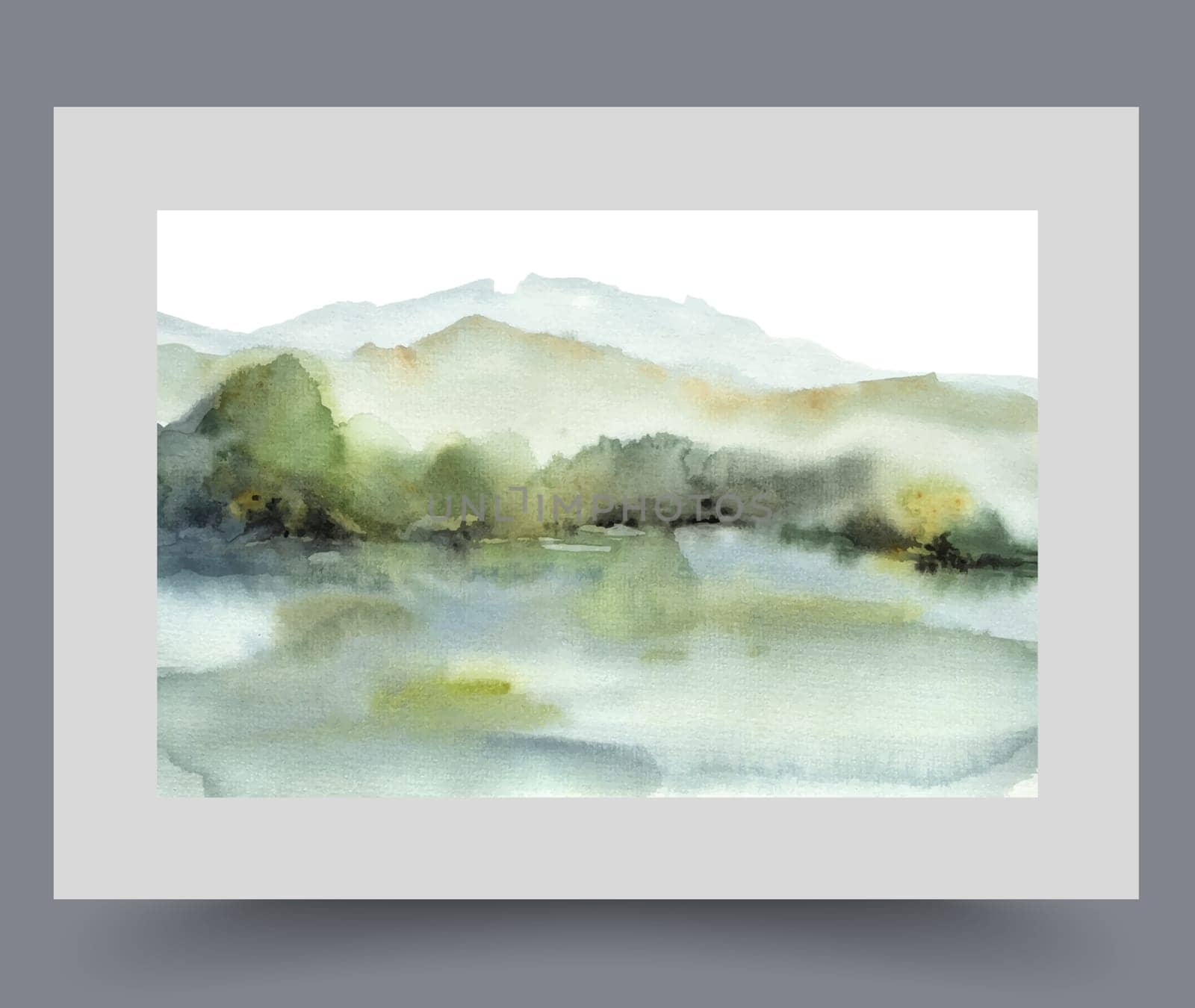 River landscape with beautiful deserted nature, with trees growing on banks in ecologically clean area. Artwork with landscape with barks on horizon and dense forest reflected in lake. Print, wall art
