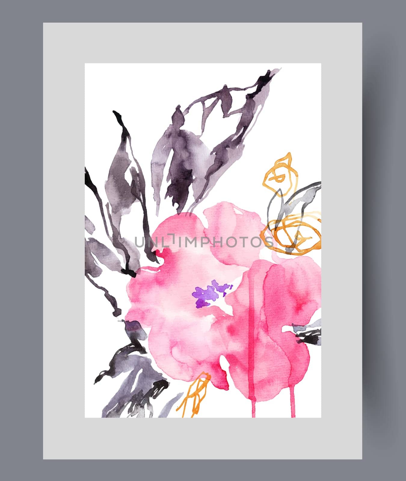 Spring flower with large and pink petals grows in meadow under open sunny sky, in watercolor style. Abstract blooming flower for design of online store and florist website or botanical magazine