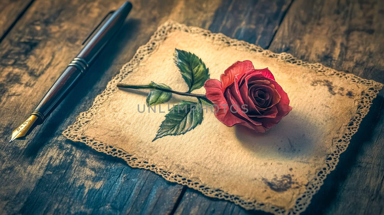 Single red rose is laying on a vintage paper with a fountain pen on a wooden desk, creating a romantic and nostalgic atmosphere