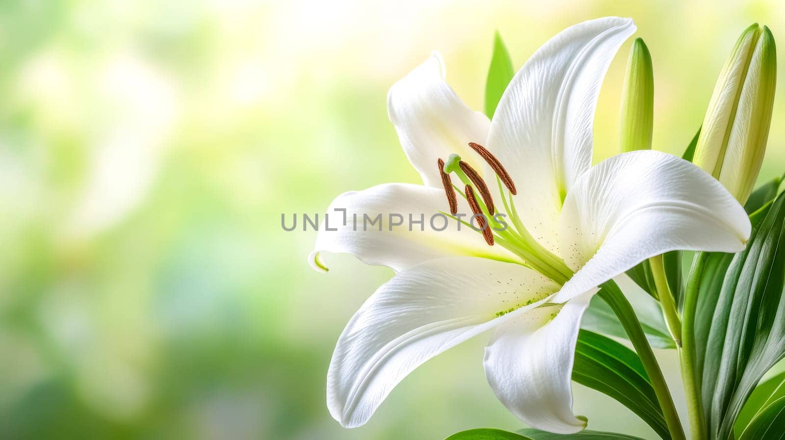 Stunning white lily flower blooming in a garden, evoking feelings of purity and innocence with its delicate petals and lush green leaves. A perfect symbol of tranquility and peace in nature