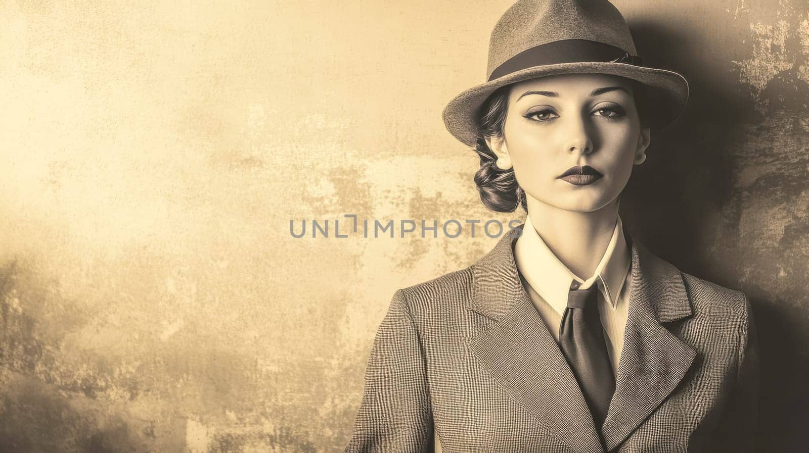 Businesswoman is posing in a studio wearing a suit, tie, and fedora, with sepia toned lighting giving the image a vintage feel